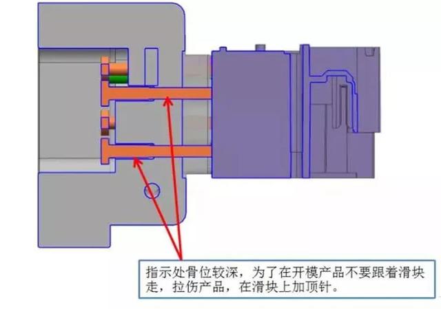 点击进入看图评论 侧向抽芯做顶针+司筒+扁顶的设计要点