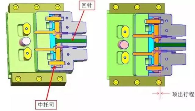 点击进入看图评论 侧向抽芯做顶针+司筒+扁顶的设计要点